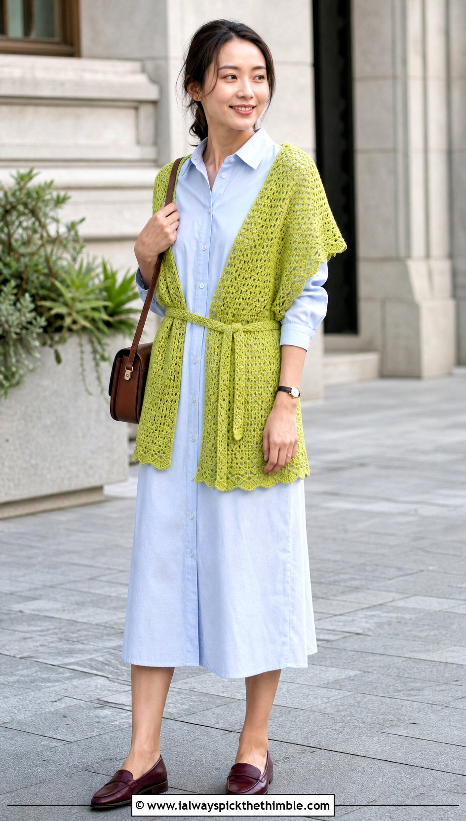 Rectangle Crochet Wrap Around Shrug With Shirt Dress - 20 Crochet Wrap Around Shrug outfit ideas