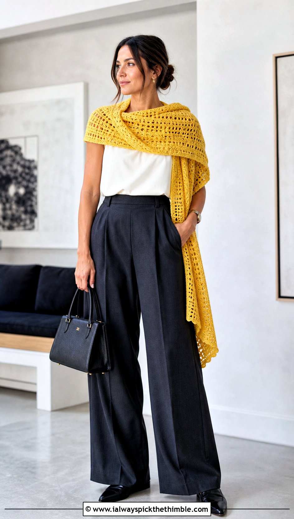 Rectangle Crochet Wrap With Wide Leg Trousers - 25 crochet wrap outfit ideas