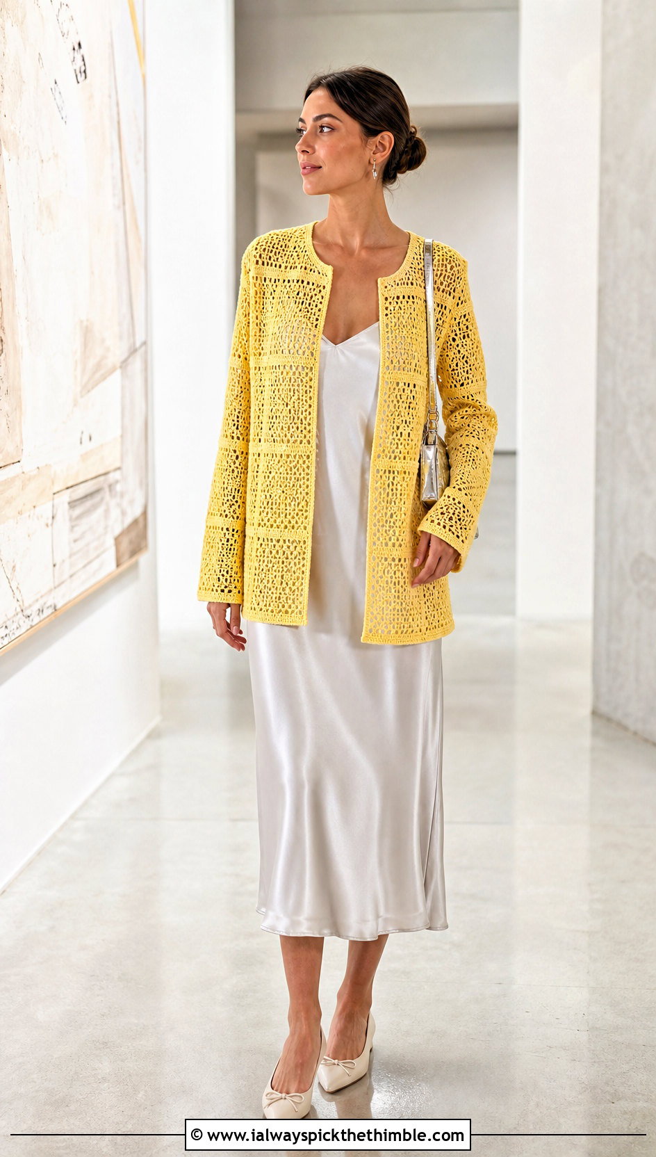 Rectangle Panel Crochet Jacket With A Satin Slip Dress - 15 beginner crochet jacket ideas
