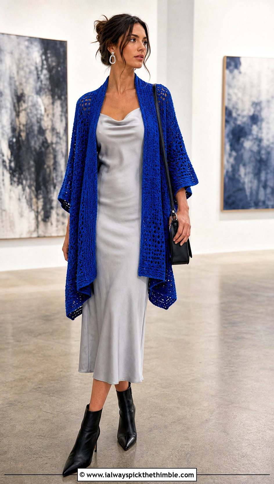 Rectangle Shrug With Slip Dress And Ankle Boots - 25 crocheted shrug outfit ideas
