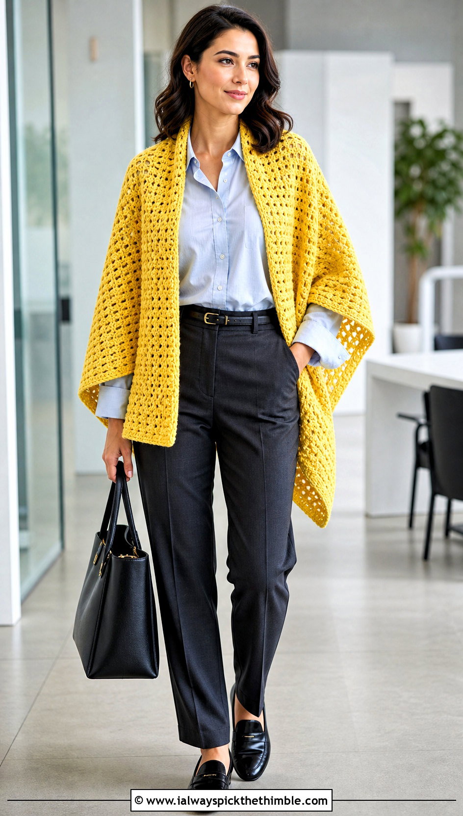 Rectangular Crochet Chunky Shawl With Tailored Trousers - 20 Crochet Chunky Shawl outfit ideas