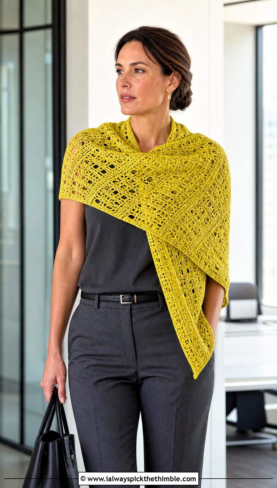 Rectangular Crochet Cotton Wrap With Tailored Workwear - 15 Crochet Cotton Shawl outfit ideas