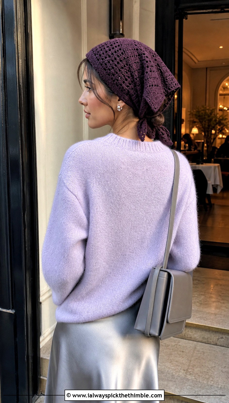 Rectangular Crochet Head Scarf With Sweater And Satin Skirt - 20 crochet head wrap outfit ideas