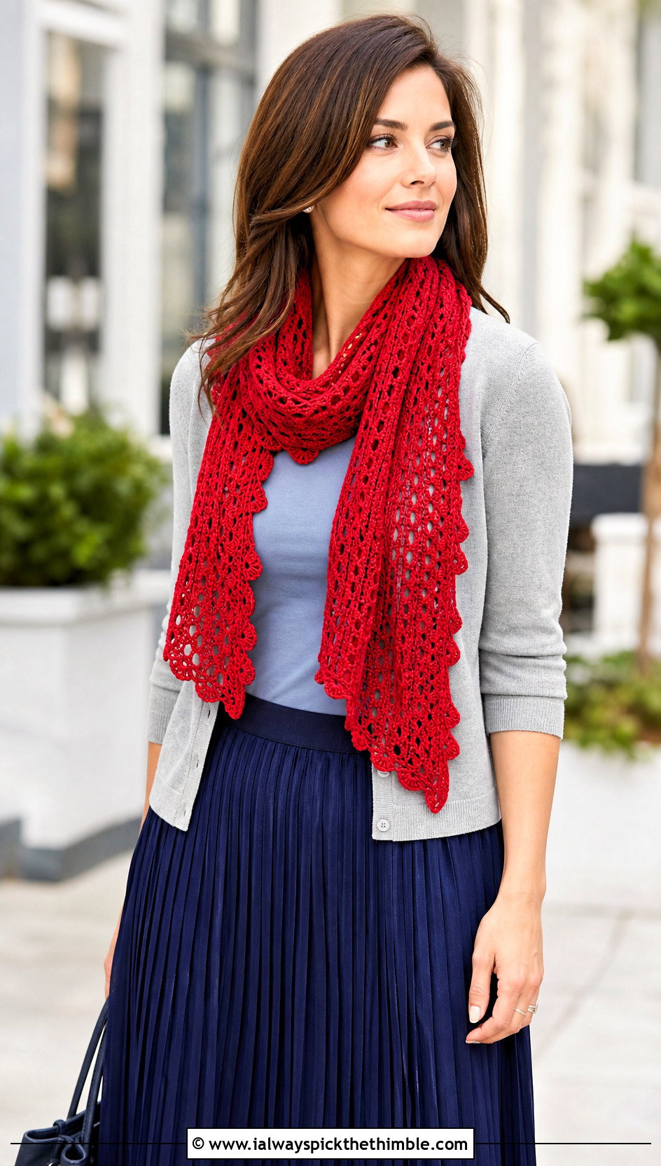 Rectangular Crochet Lace Scarf With Cardigan And Pleated Skirt - 20 easy crochet lace scarf outfit ideas