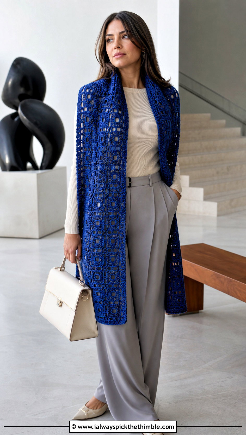 Rectangular Crochet Mantle Scarf With Wide Leg Trousers - 20 Crochet Mantle Scarf outfit ideas