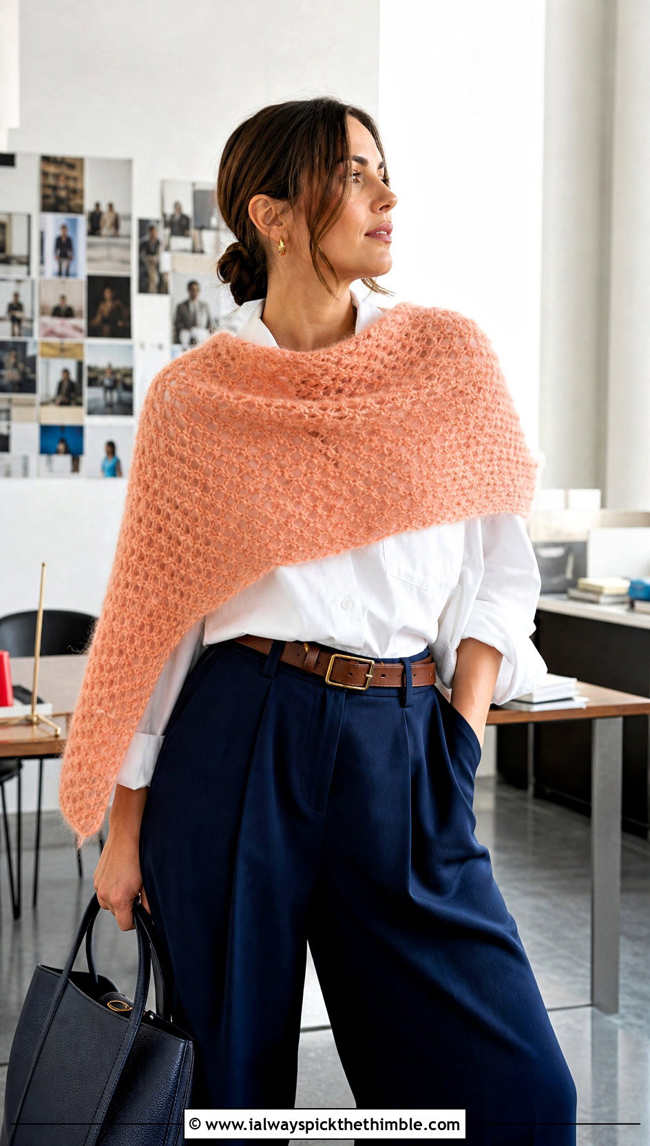 Rectangular Crochet Mohair Wrap Scarf With White Shirt - 20 crochet mohair scarf outfit ideas