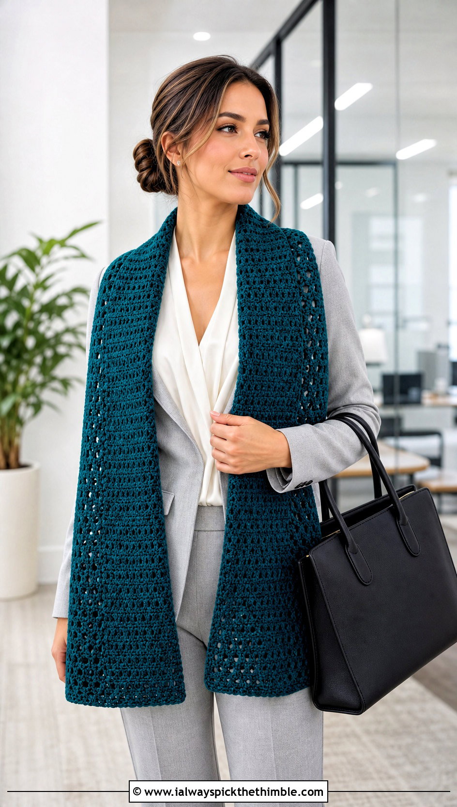 Rectangular Crochet Stole Scarf With Trouser Suit - 20 crochet shawl scarf outfit ideas