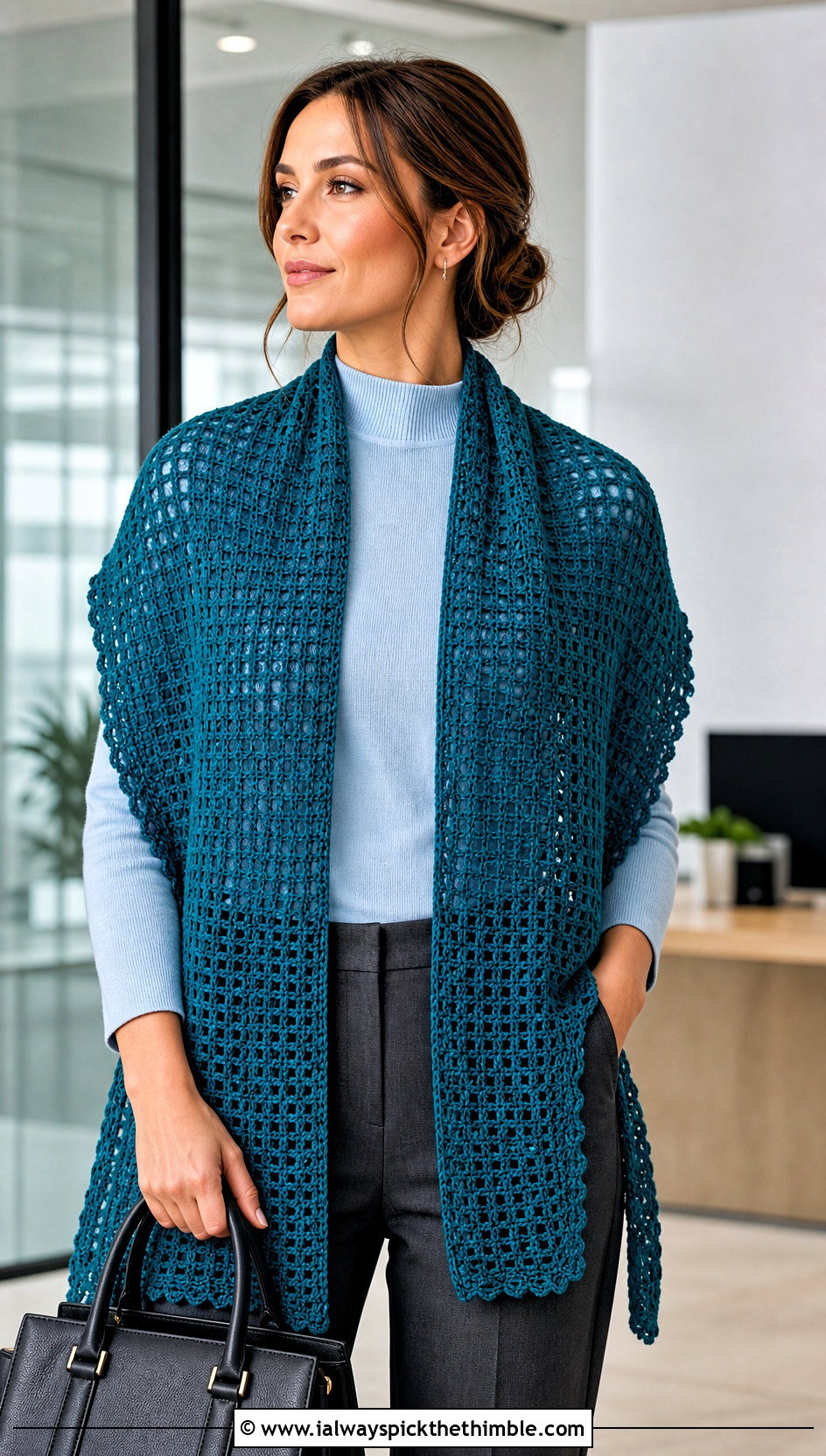 Rectangular Crochet Stole Shawl With Tailored Trousers - 20 Simple Crochet Shawl outfit ideas
