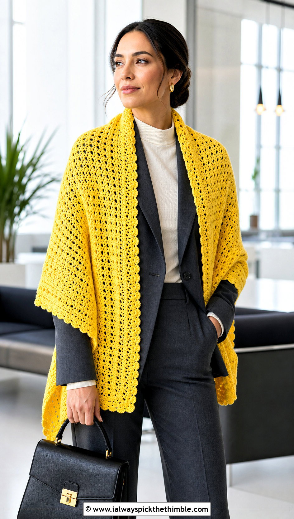 Rectangular Crochet Stole Shawl With Trouser Suit - 15 Crochet Winter Shawl outfit ideas