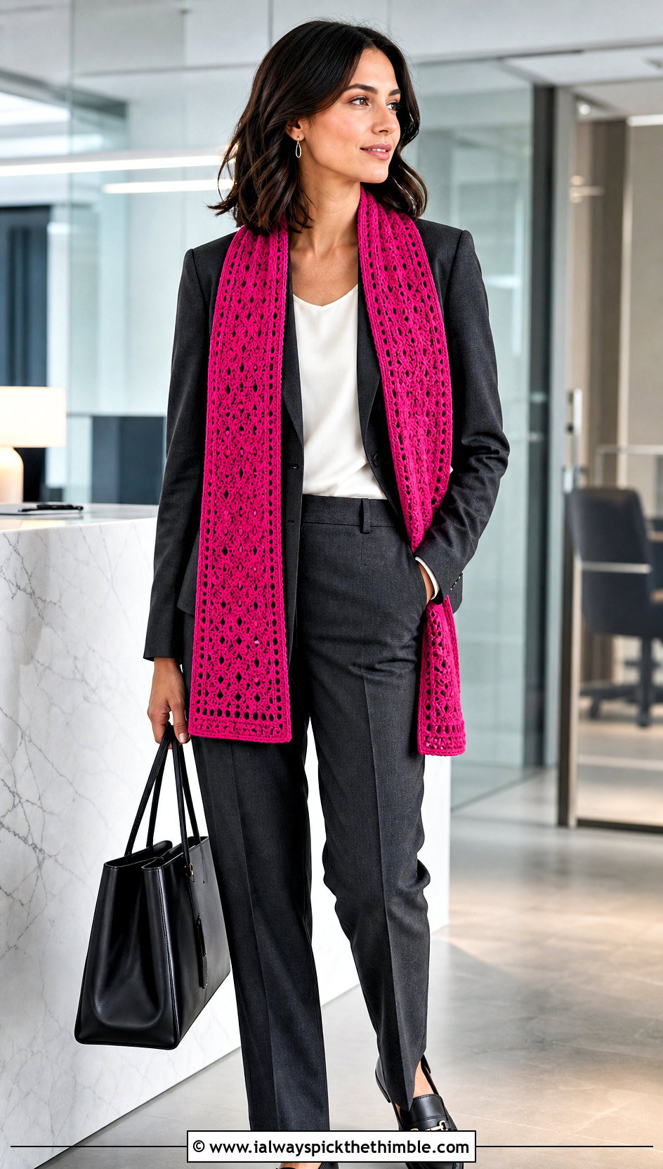 Rectangular Crochet Stole With A Pantsuit - 20 Fall Crochet Shawl outfit ideas