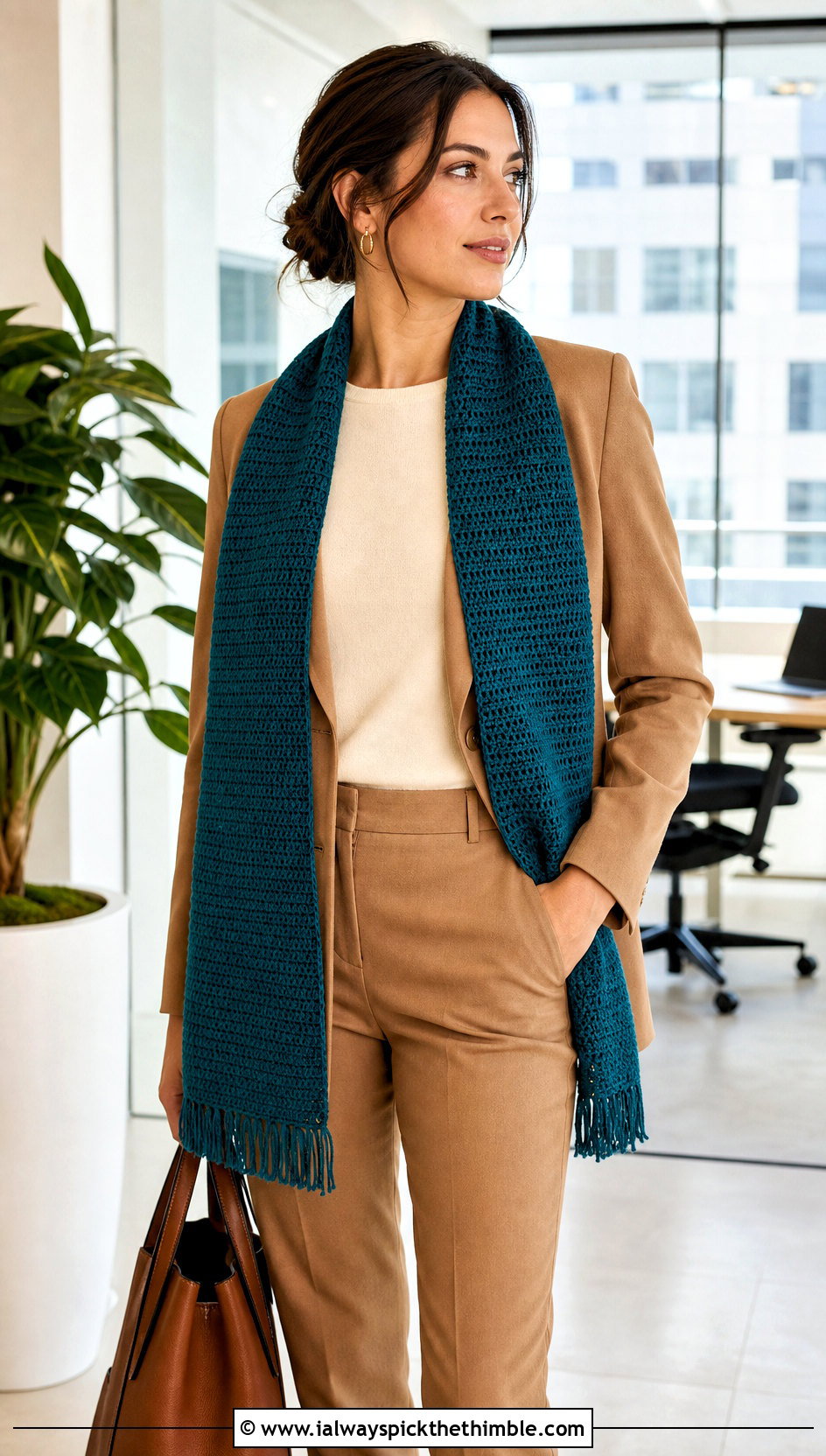 Rectangular Crochet Stole With Blazer And Tailored Trousers - 20 Stevie Nicks Crochet Shawl outfit ideas