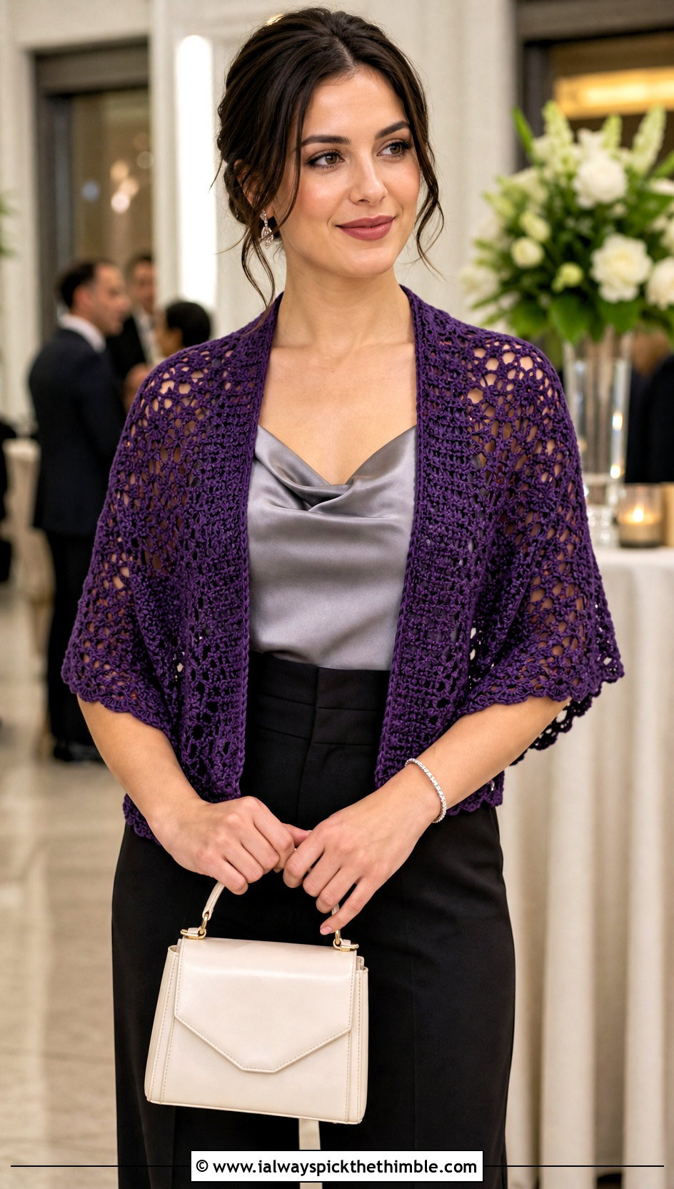 Rectangular Crochet Stole With Satin Blouse And Trousers - 25 easy crochet scarf outfit ideas