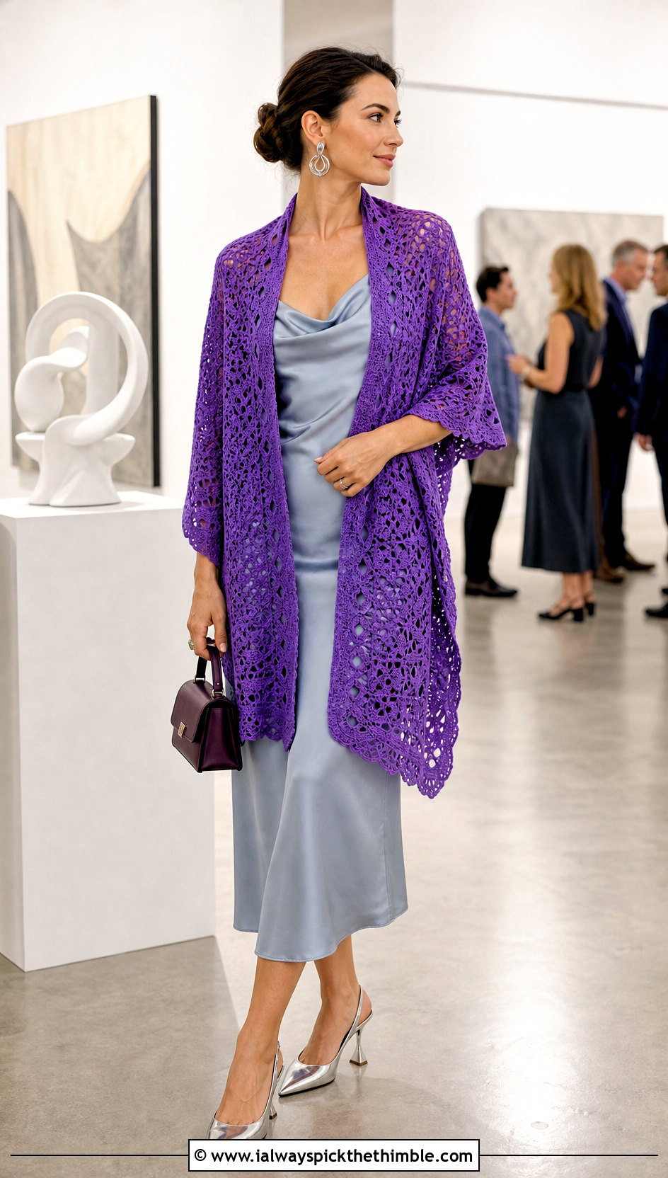 Rectangular Crochet Stole With Satin Slip Dress - 20 Crochet Shoulder Shawl outfit ideas