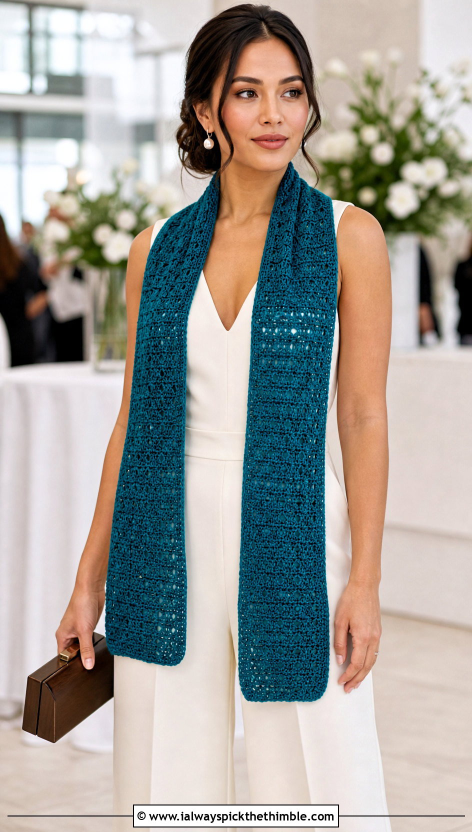 Rectangular Crochet Stole With Tailored Jumpsuit - 20 Elegant Crochet Shawl outfit ideas