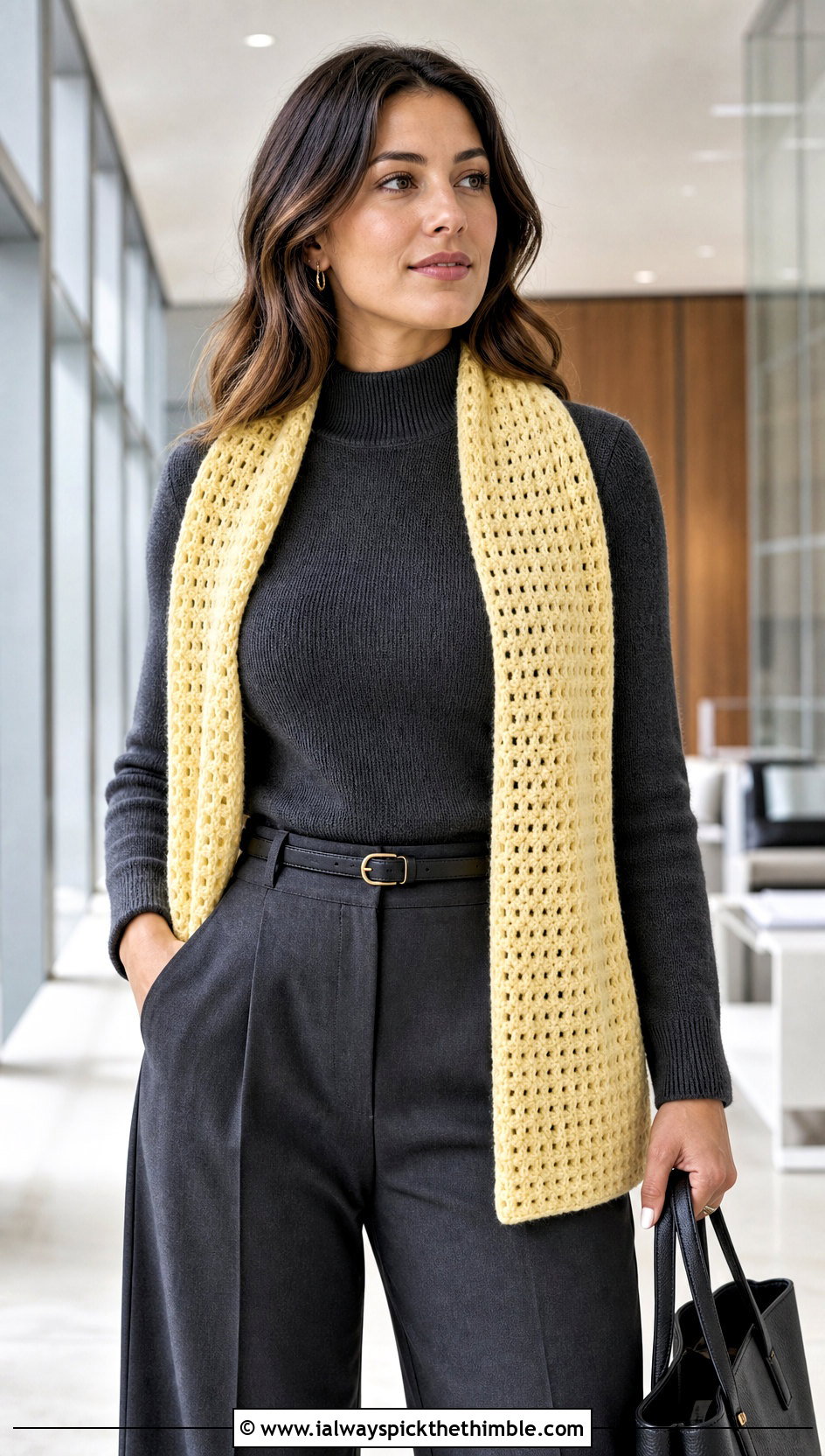 Rectangular Crochet Stole With Tailored Trousers - 20 winter crochet shawl outfit ideas