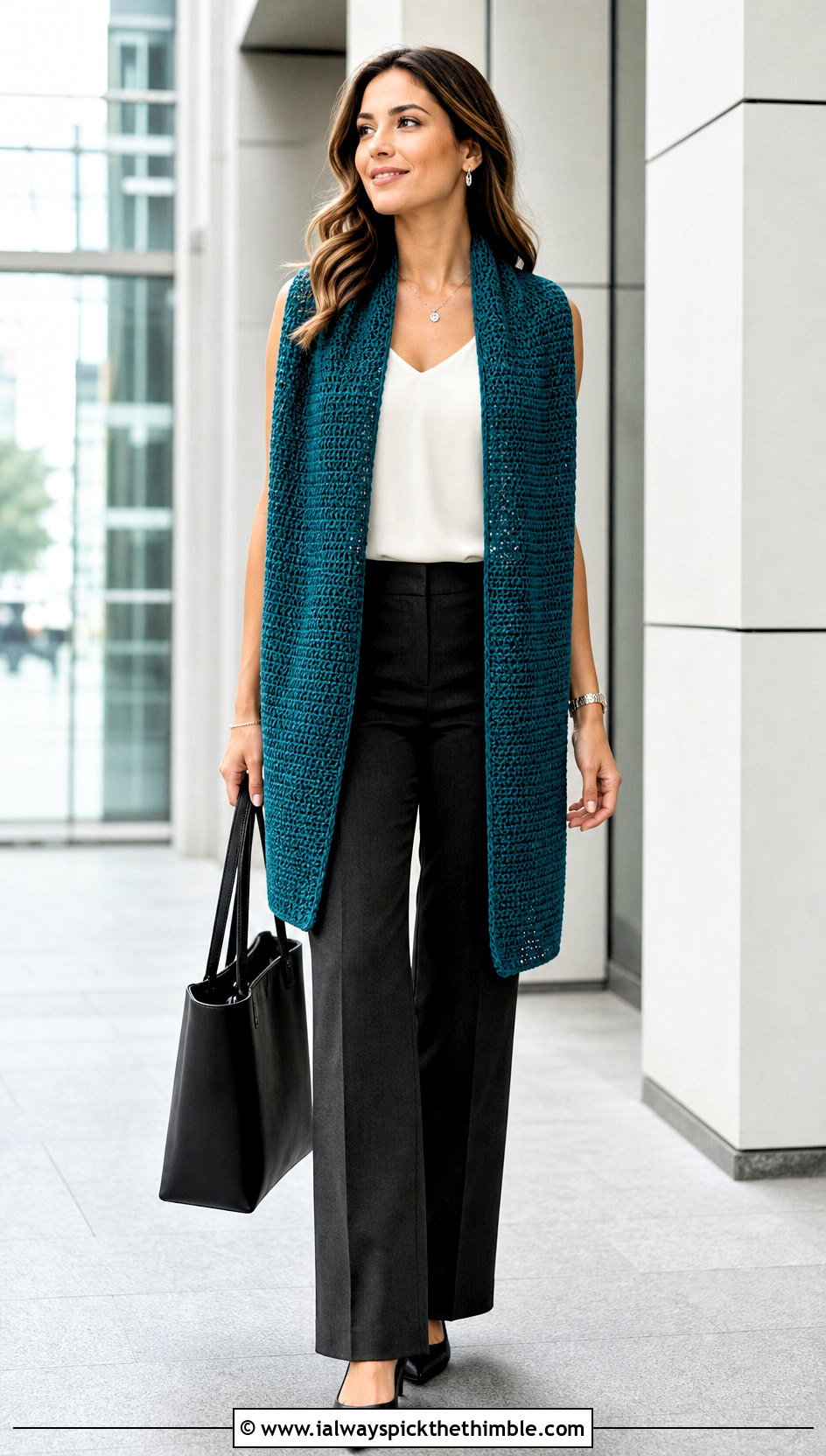 Rectangular Crochet Stole With Tailored Trousers - 25 crochet wrap shawl outfit ideas