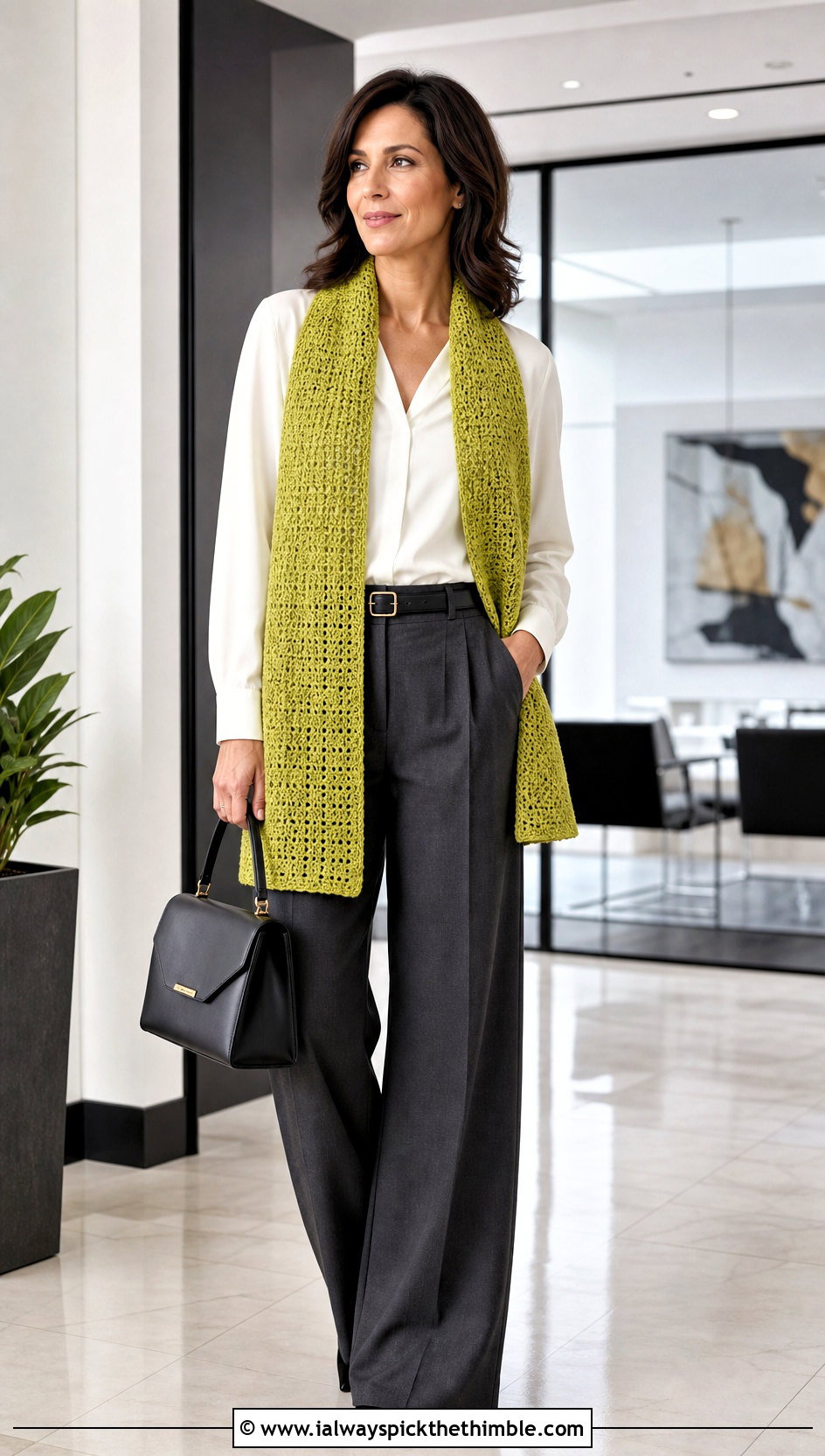 Rectangular Crochet Stole With Tailored Trousers - 20 crochet shawl wraps outfit ideas