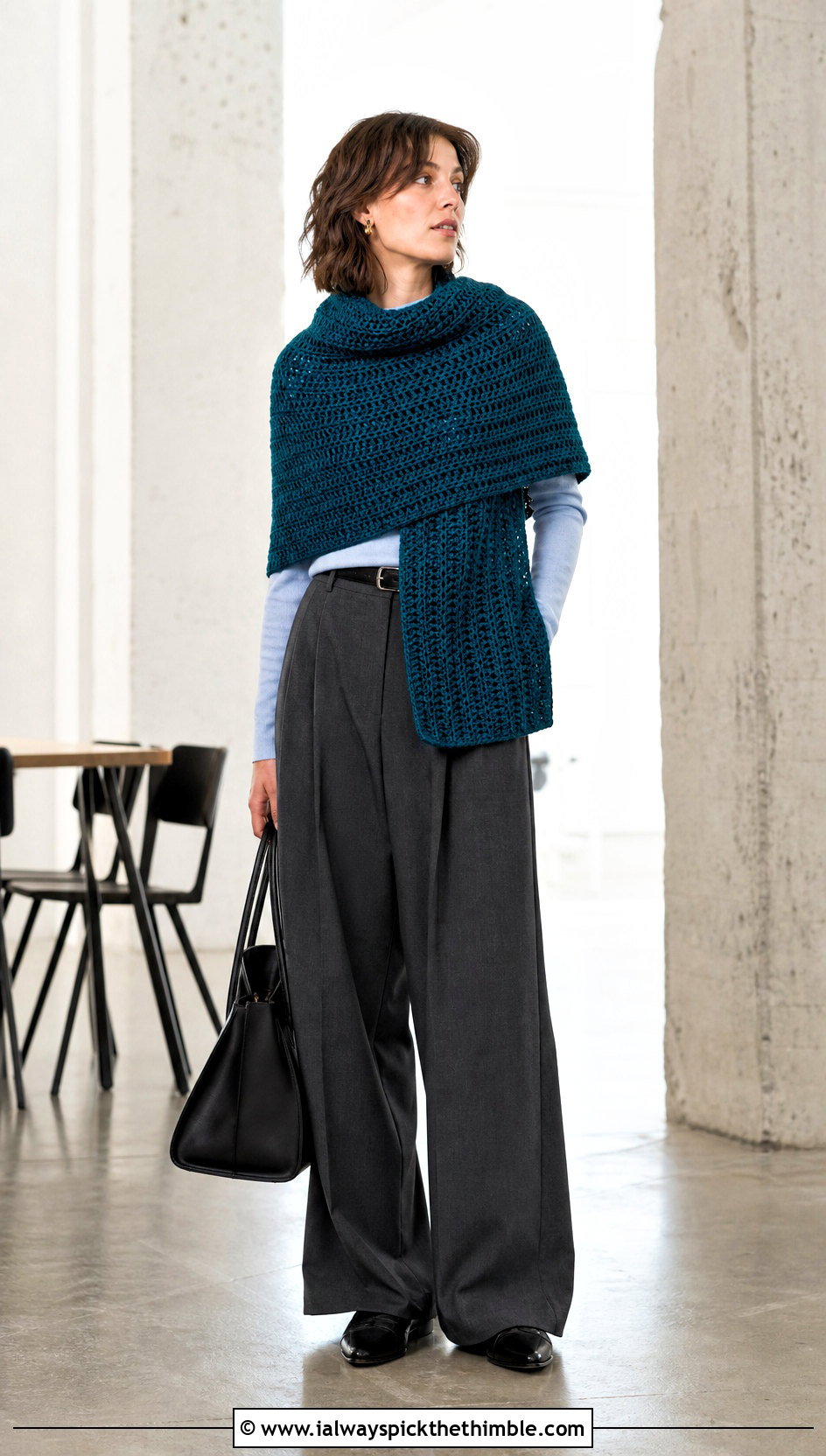 Rectangular Crochet Sweater Shawl With Wide Leg Trousers - 20 crochet sweater shawl outfit ideas