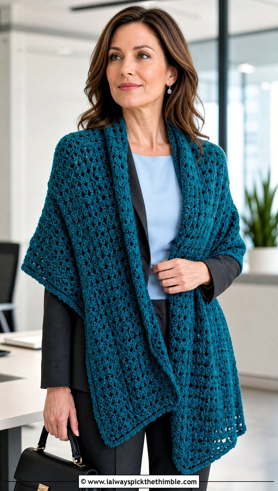 Rectangular Crochet Wrap With Tailored Suit - 20 crochet shawl wrap outfit ideas