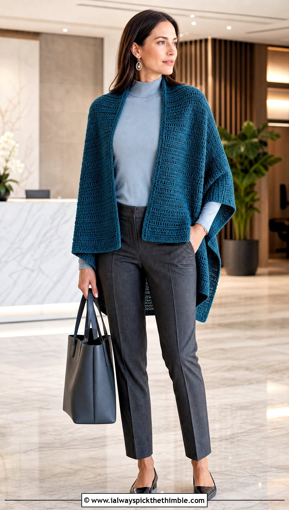 Rectangular Crochet Wrap With Tailored Trousers - 20 simple crochet shawls and wraps outfit ideas
