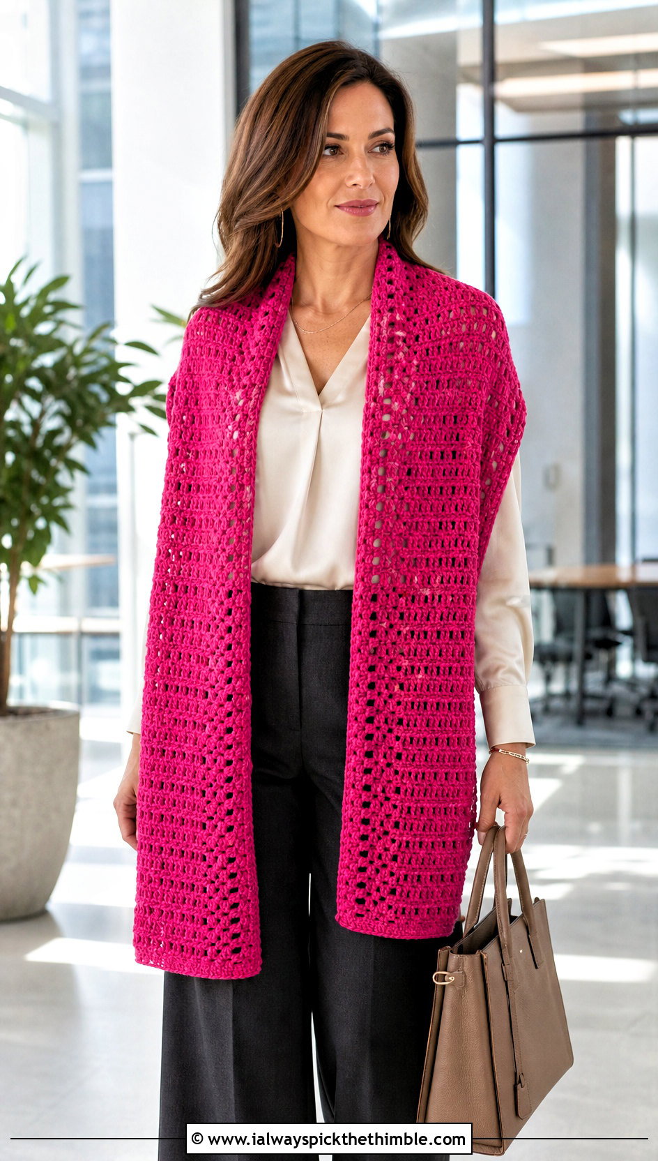Rectangular Crochet Wrap With Wide Leg Trousers - 25 quick crochet shawl outfit ideas