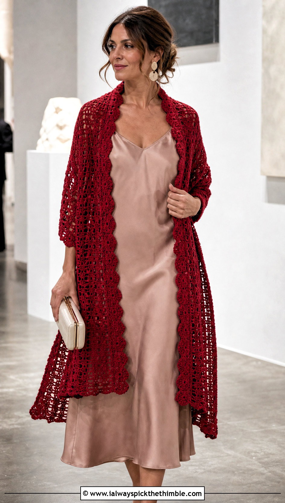 Rectangular Crocheted Stole With Satin Slip Dress - 20 Crocheted Shawl outfit ideas