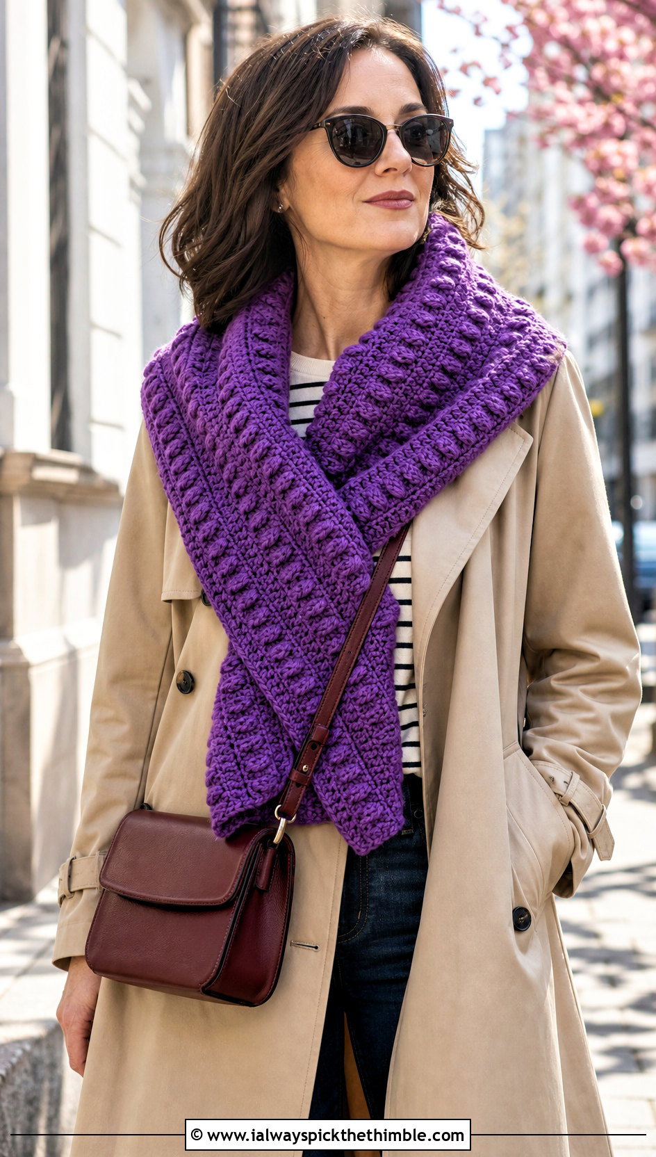 Rectangular Crocodile Stitch Crochet Wrap Shawl With Trench Coat - 15 crocodile stitch crochet shawl outfit ideas