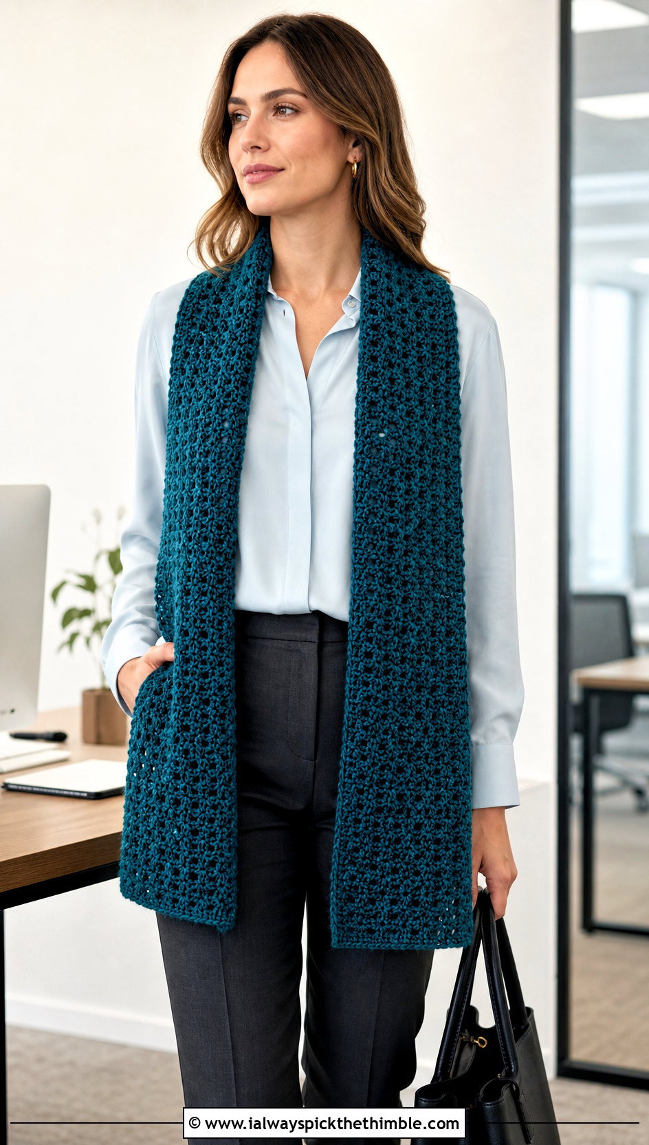 Rectangular DK Yarn Crochet Shawl With Tailored Trousers - 20 Crochet Shawl Dk Yarn outfit ideas