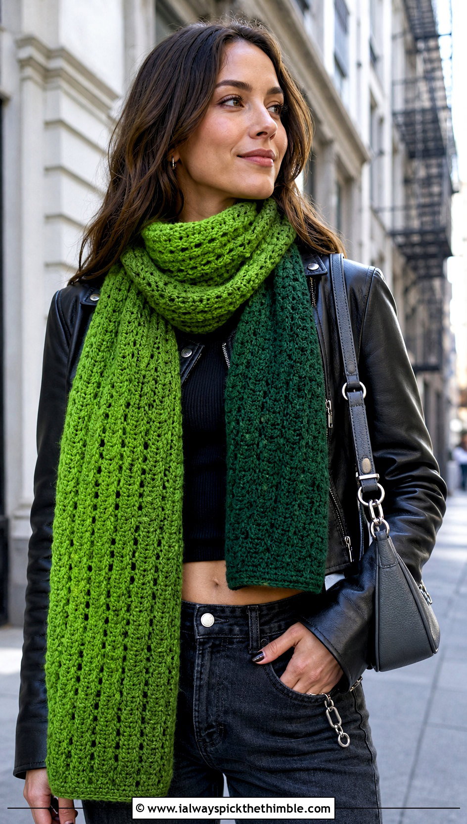 Rectangular Fade Shawl With Leather Jacket - 15 Crochet Fade Shawl outfit ideas
