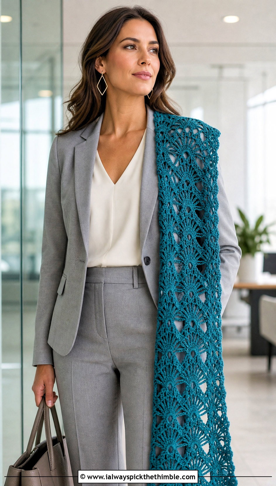 Rectangular Fan Stitch Shawl With Tailored Pantsuit - 20 Crochet Fan Stitch Shawl outfit ideas
