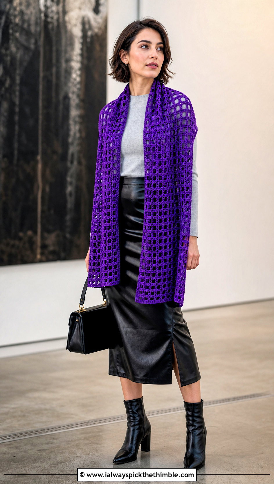 Rectangular Filet Crochet Shawl With Leather Skirt - 20 Victorian Crochet Shawl outfit ideas