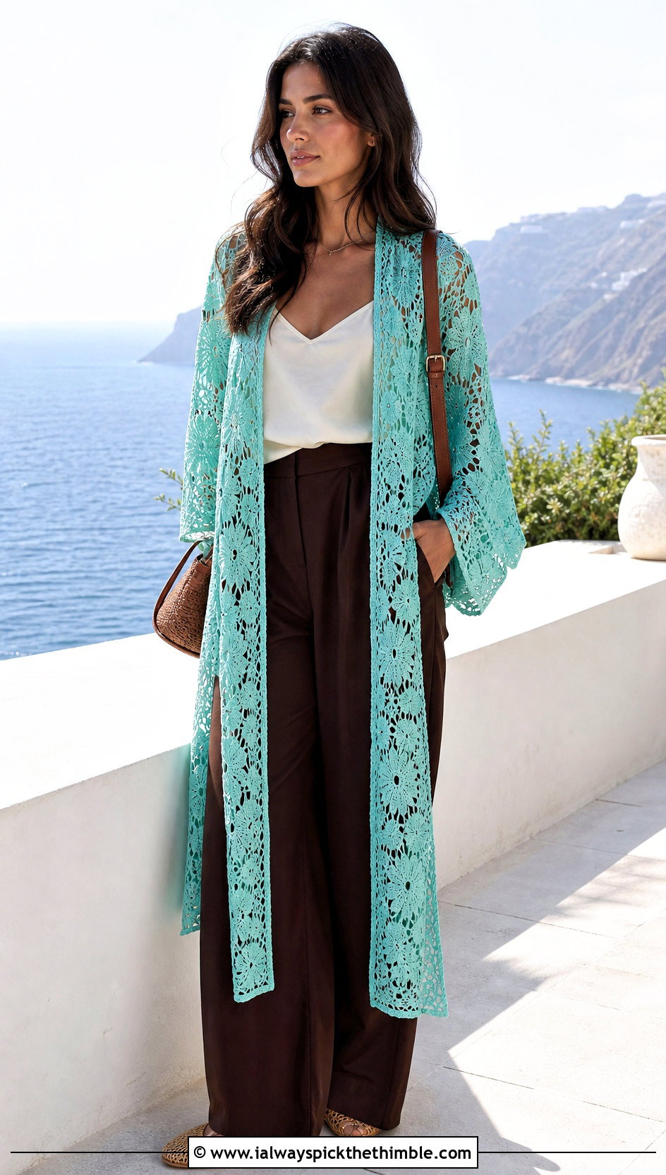 Rectangular Floral Mesh Wrap Shawl With Wide Leg Pants - 15 Crochet Floral Shawl outfit ideas