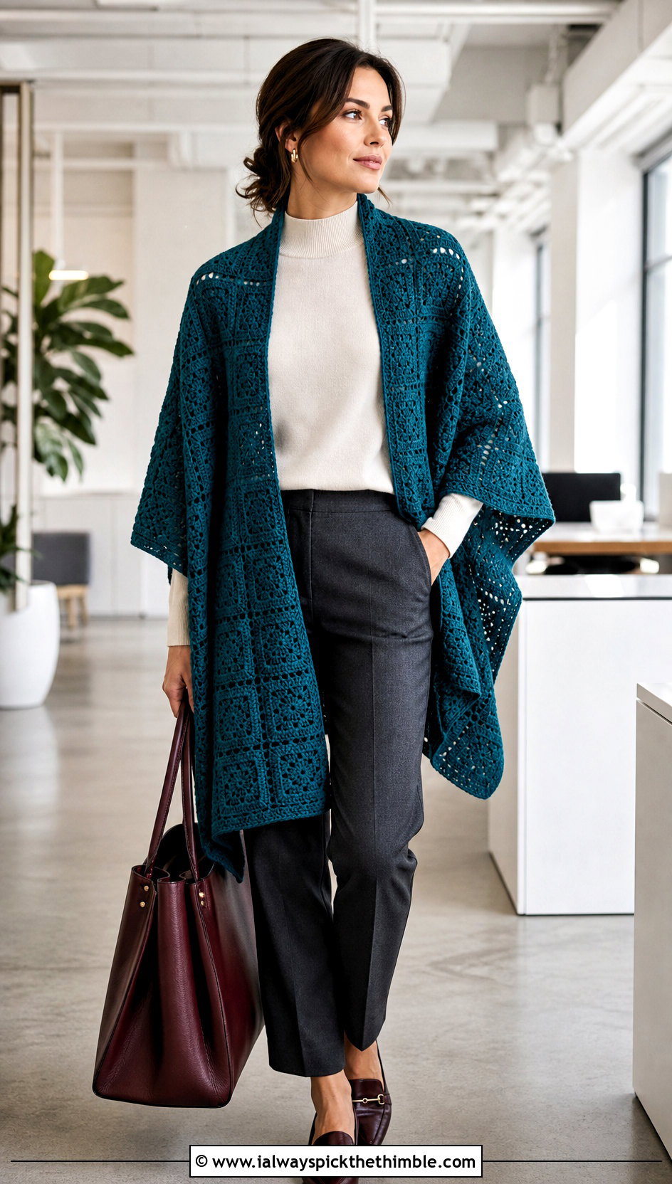 Rectangular Granny Square Shawl With Tailored Trousers - 25 granny square shawl outfit ideas