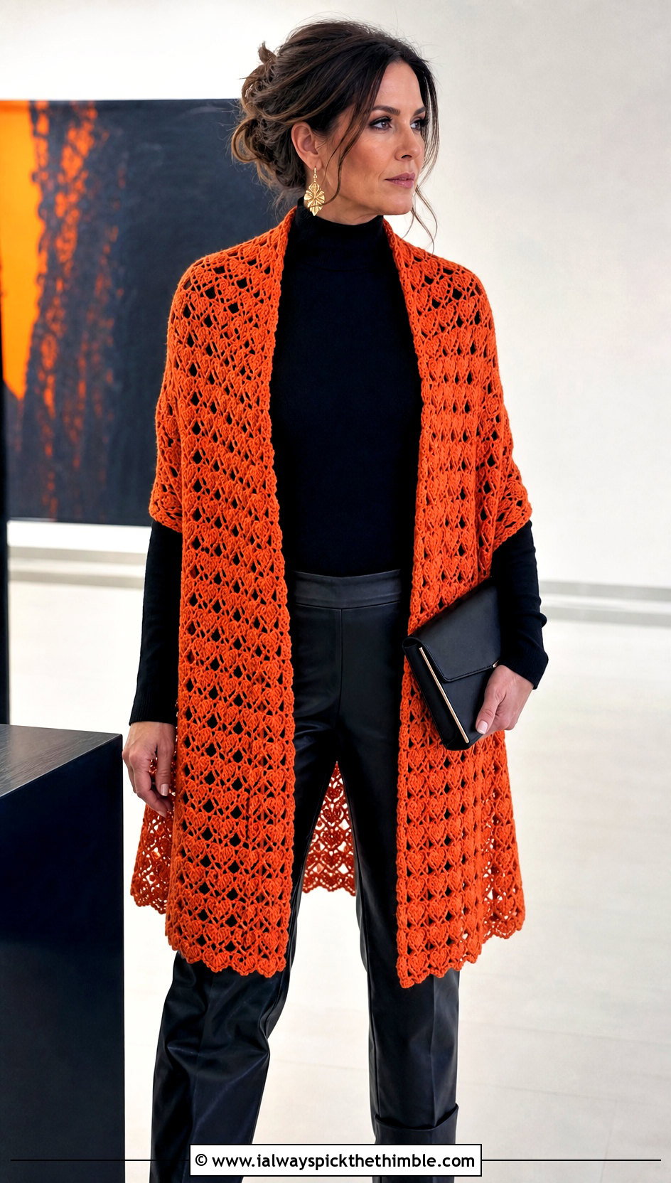 Rectangular Heart Crochet Stole With Leather Pants - 20 Heart Crochet Shawl outfit ideas