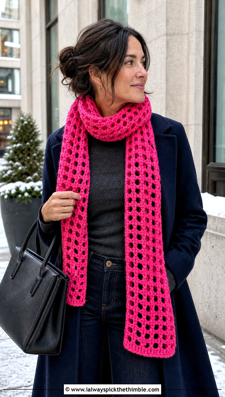 Rectangular Lace Crochet Scarf With Wool Coat And Tailored Jeans - 15 Lacy Crochet Scarf outfit ideas