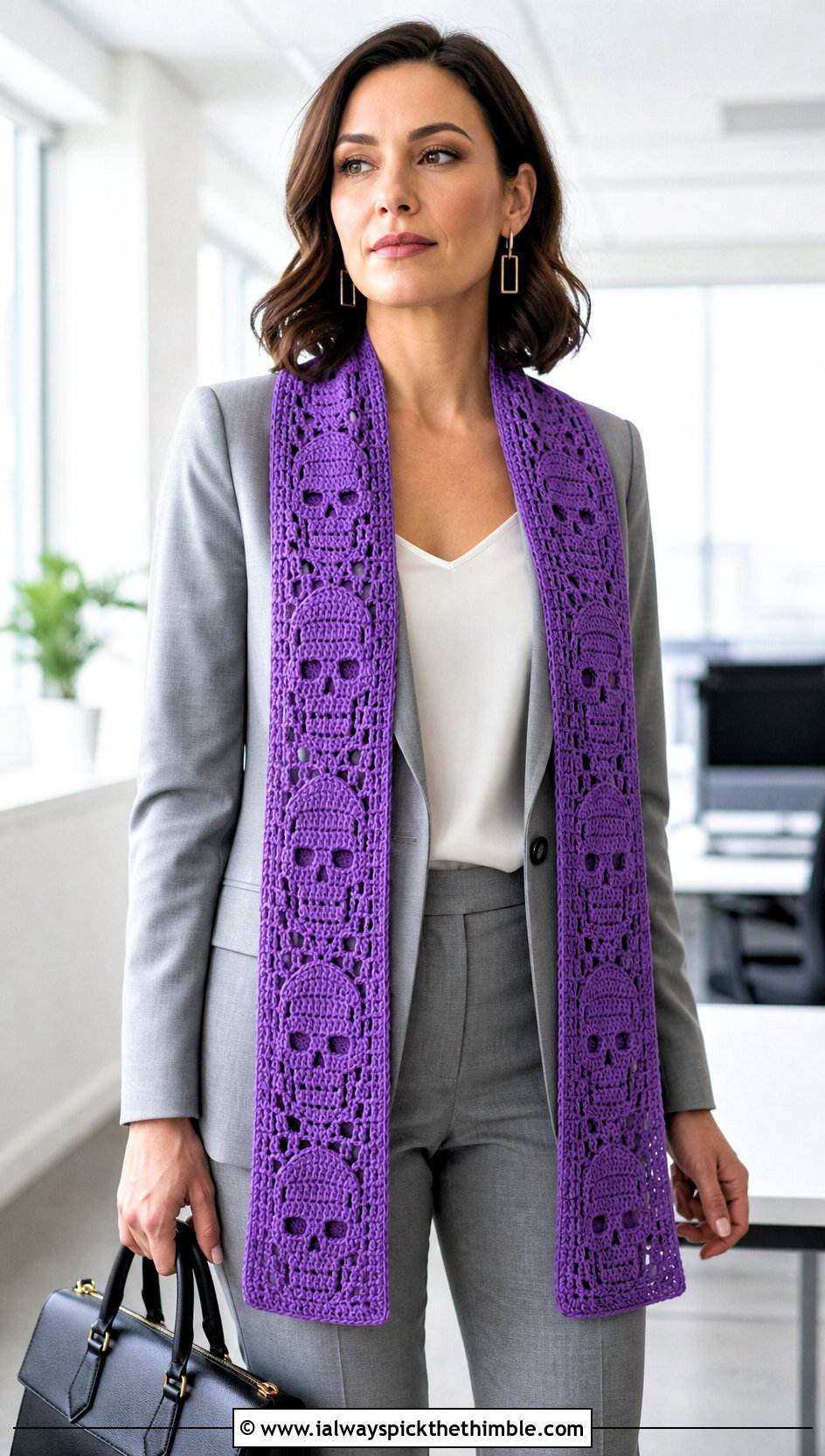 Rectangular Lost Souls Stole With Tailored Pantsuit - 25 crochet lost souls shawl outfit ideas