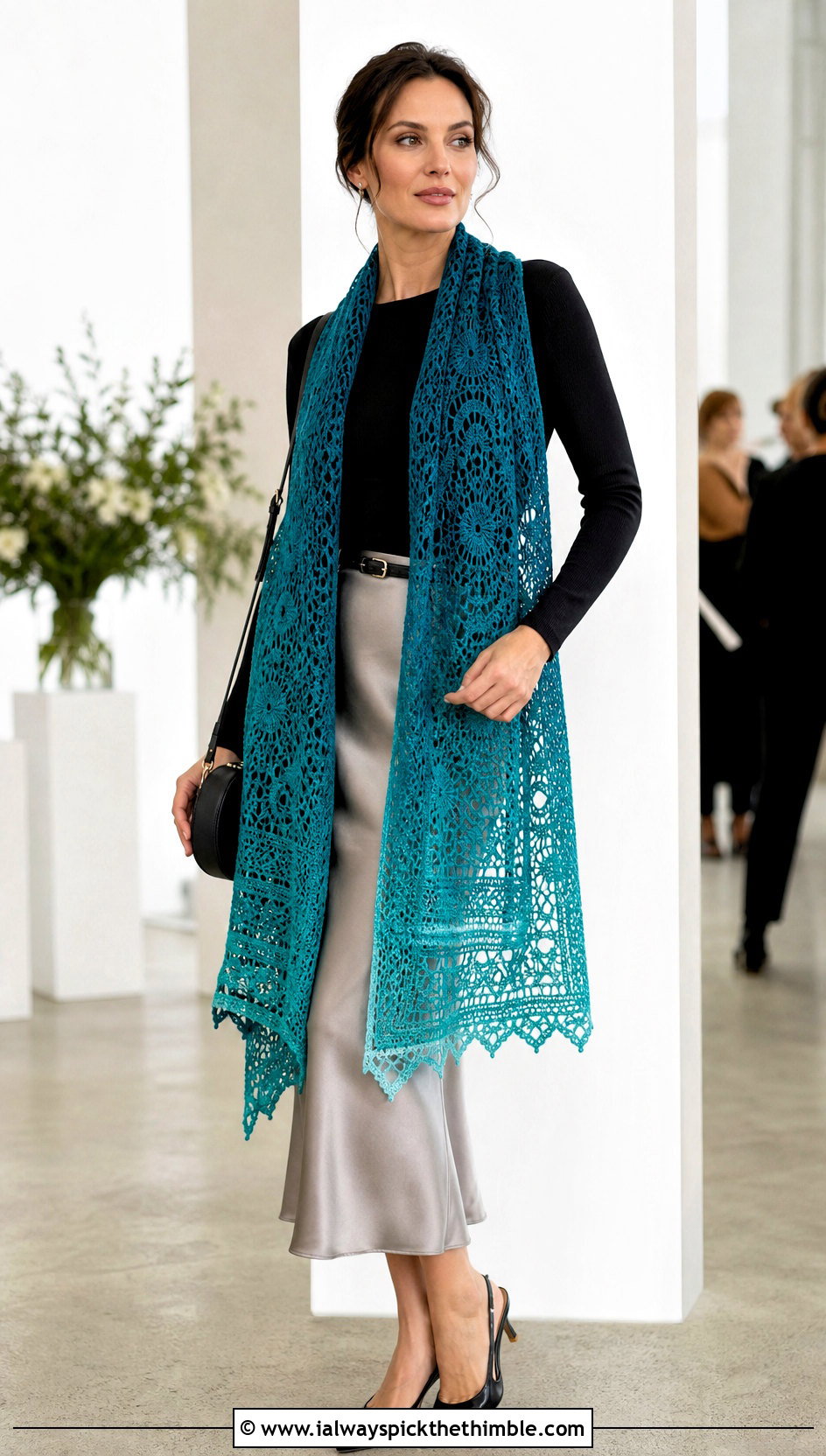 Rectangular Mandala Yarn Crochet Shawl With Satin Midi Skirt - 20 Mandala Yarn Crochet Shawl outfit ideas