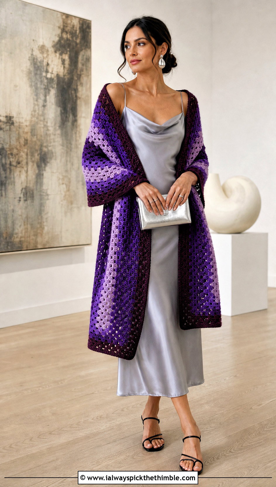Rectangular Mandala Yarn Crochet Wrap With A Slip Dress - 15 Crochet Shawl Mandala Yarn outfit ideas
