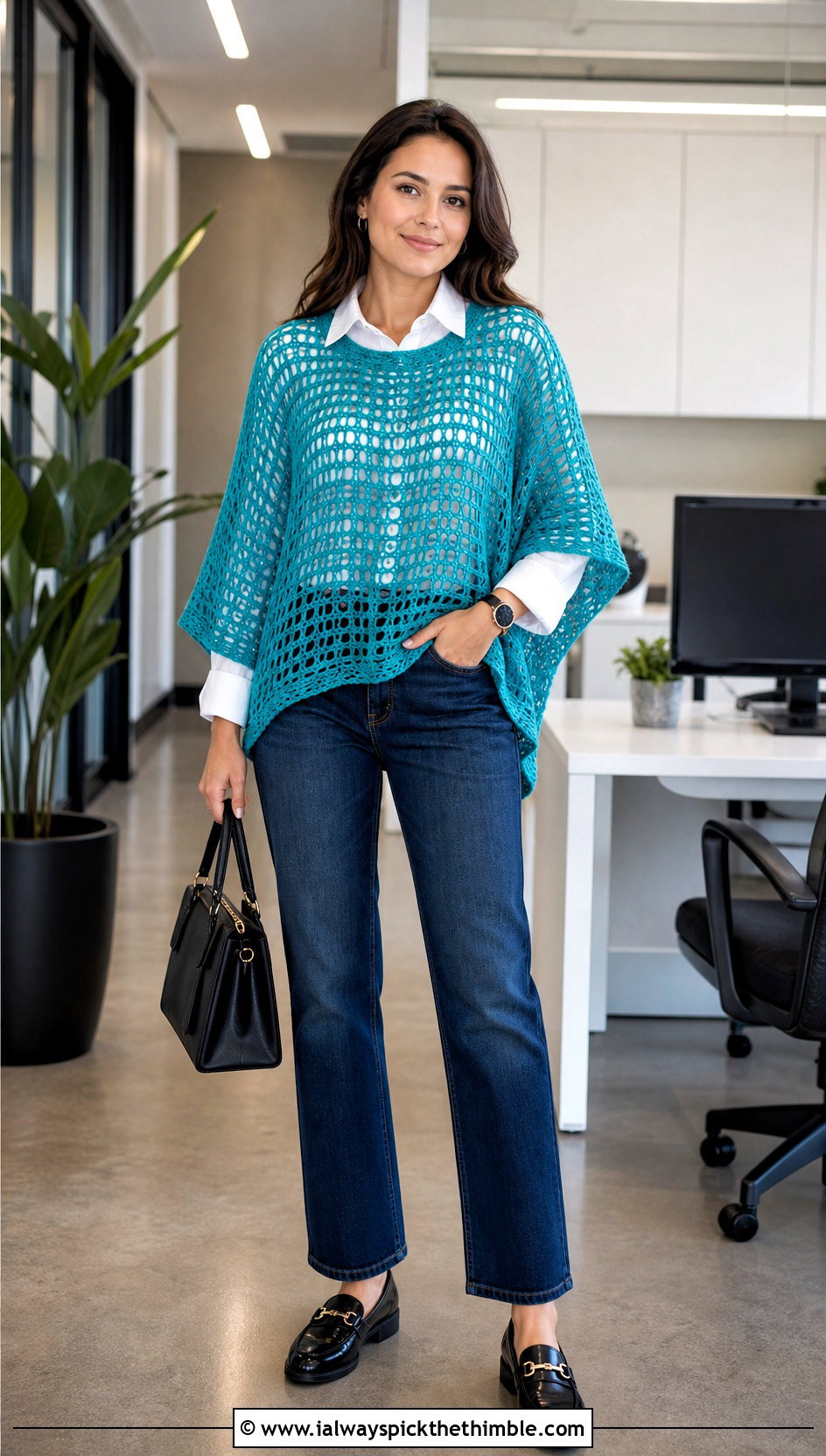 Rectangular Mesh Crochet Poncho With Button Front Shirt - 20 Mesh Crochet Poncho outfit ideas