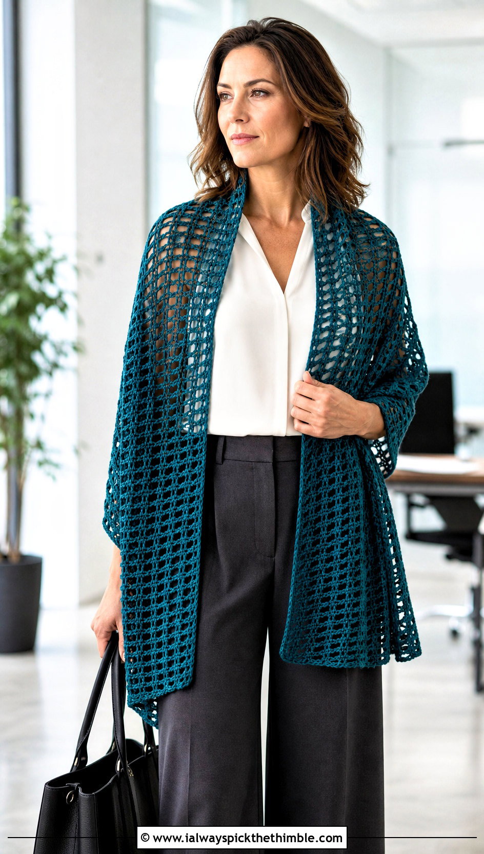 Rectangular Mesh Crochet Shawl With Tailored Trousers - 15 bright crochet shawl outfit ideas
