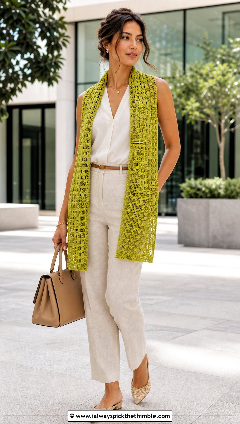 Rectangular Mesh Crochet Stole With Linen Trousers - 20 summer crochet shawl outfit ideas