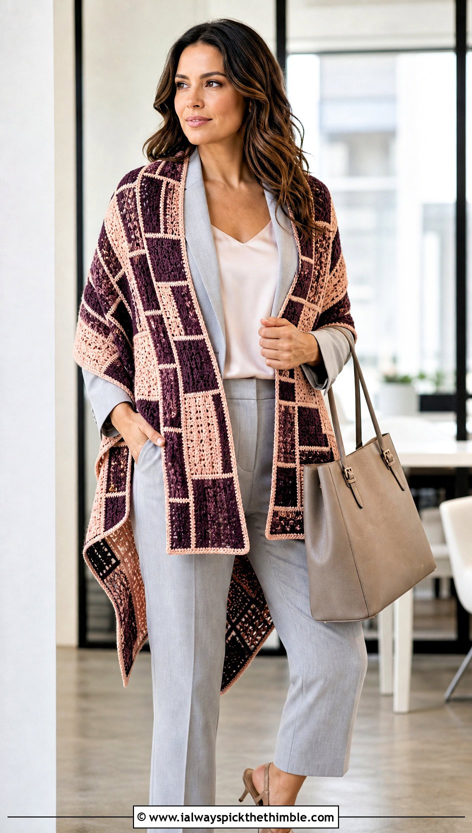 Rectangular Mosaic Crochet Wrap With Tailored Suit - 20 mosaic crochet shawl outfit ideas