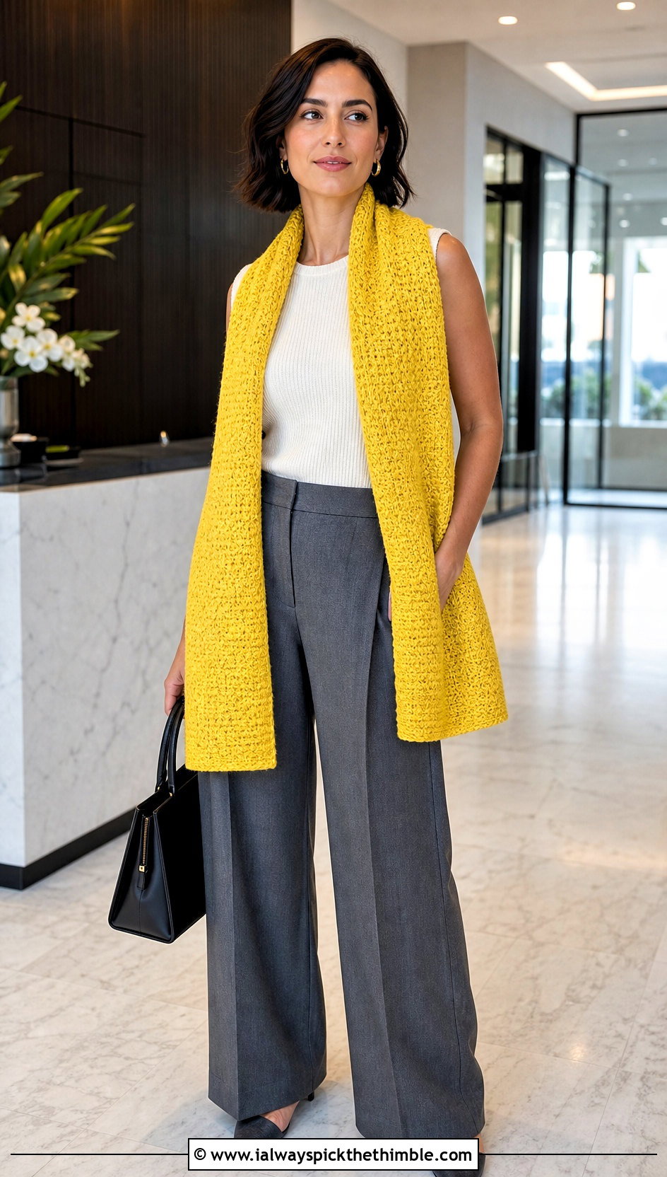 Rectangular Moss Stitch Shawl With Wide Leg Trousers - 20 Crochet Moss Stitch Shawl outfit ideas