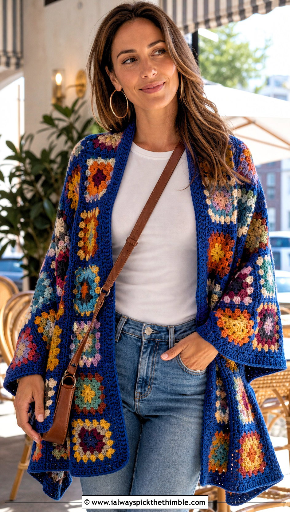 Rectangular Patchwork Granny Square Wrap With Straight Leg Jeans - 20 granny square wrap outfit ideas