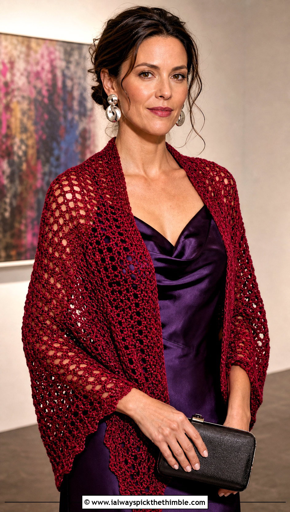 Rectangular Red Crochet Wrap Shawl With Satin Slip Dress - 15 red crochet shawl outfit ideas