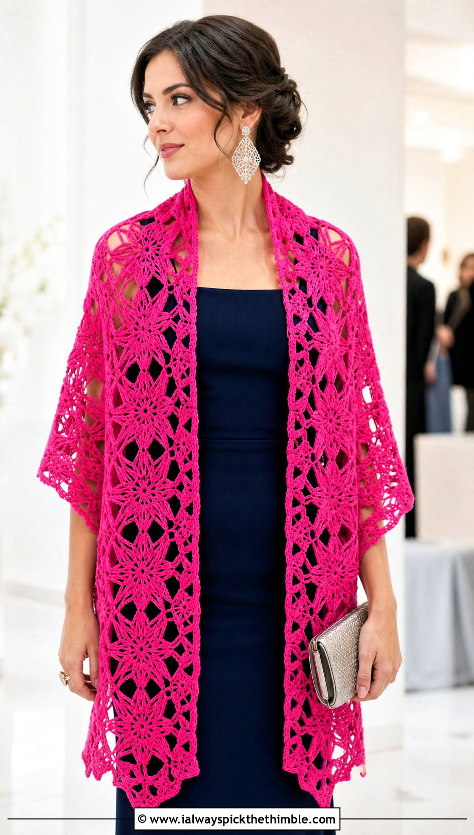 Rectangular Star Motif Crochet Stole With Column Dress - 20 star crochet shawl outfit ideas