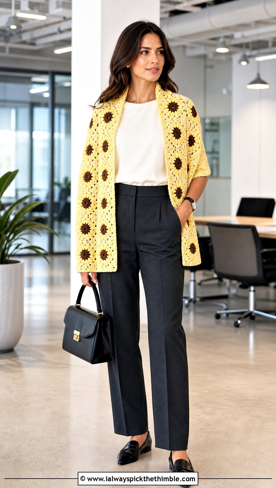Rectangular Sunflower Crochet Wrap With Tailored Trousers - 20 Sunflower Crochet Shawl outfit ideas