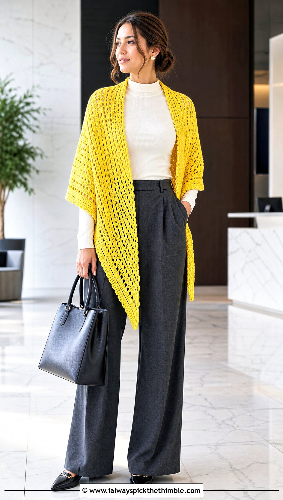 Rectangular V Stitch Crochet Shawl With Tailored Trousers - 20 V Stitch Crochet Shawl outfit ideas