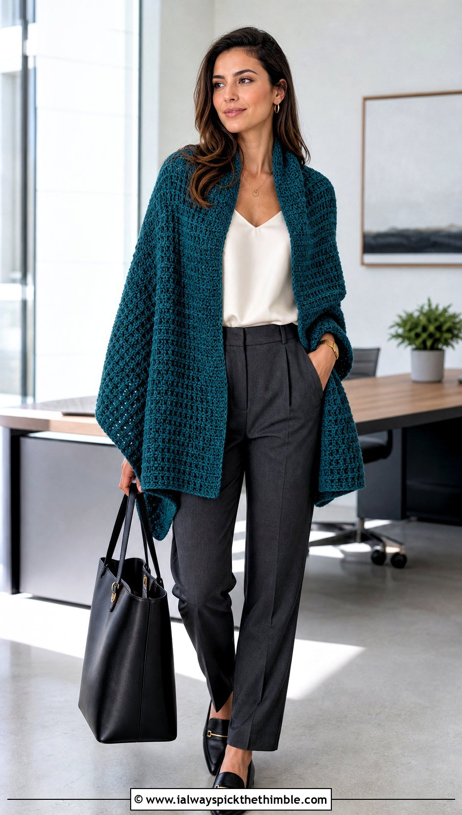 Rectangular Waffle Crochet Wrap With Tailored Trousers - 15 Waffle Crochet Shawl outfit ideas