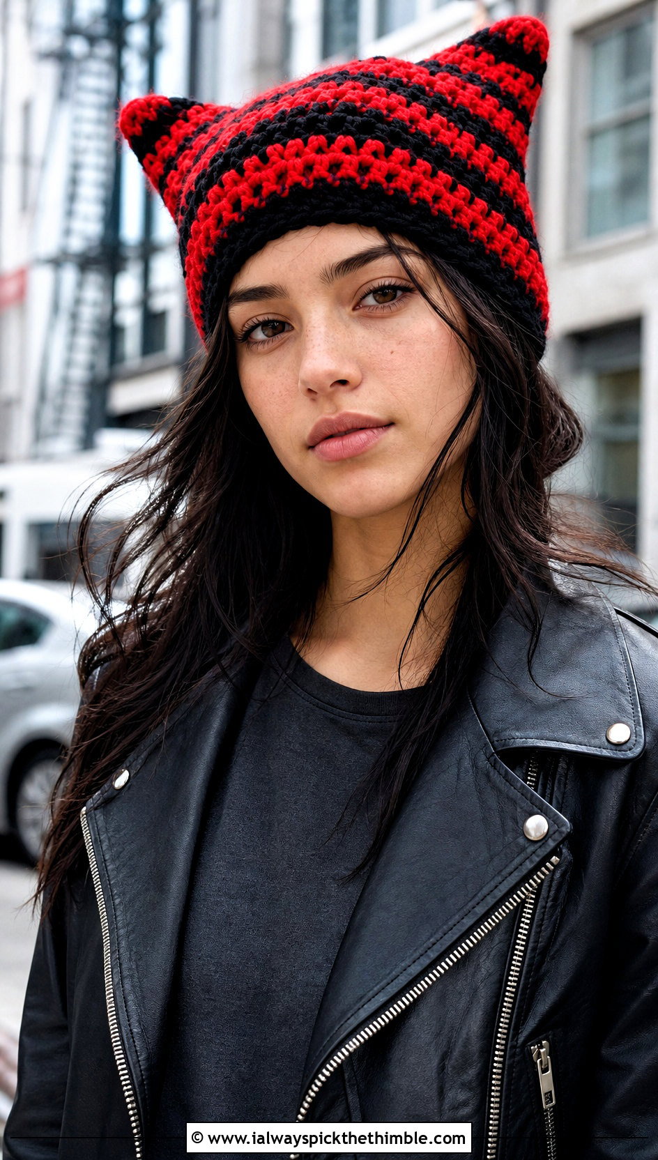 Red And Black Striped Clancy Crochet Beanie With Leather Jacket - 20 clancy beanie crochet outfit ideas